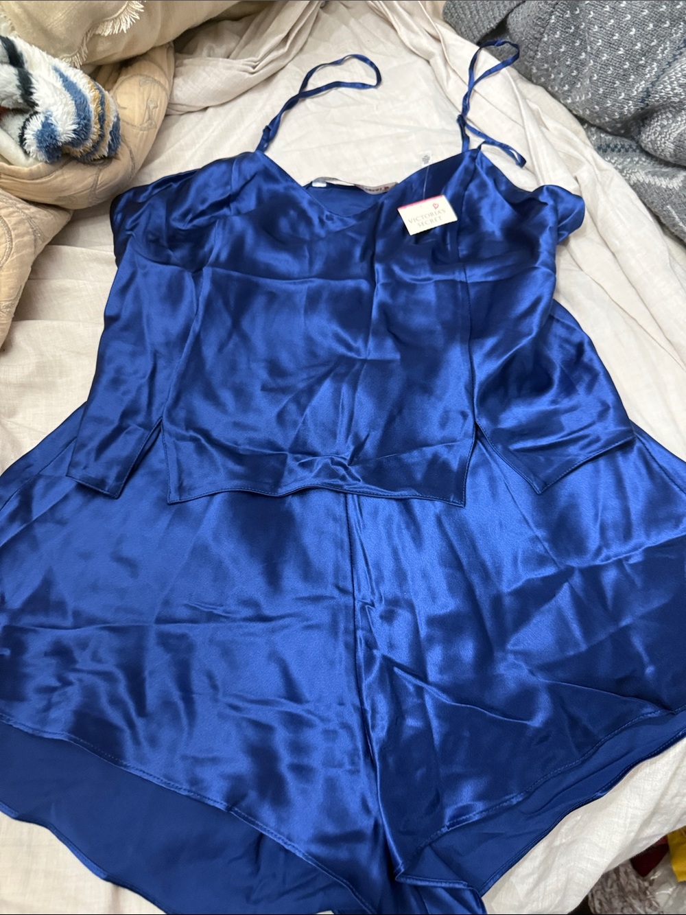 NWT VINTAGE Victoria’s Secret 100% SILK Cami Shorts Set Royal Blue M